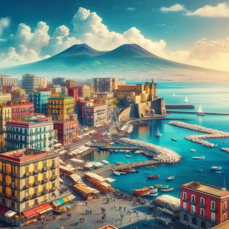DALL·E 2024-05-29 16.16.36 - A picturesque scene of Naples (Napoli) for a tour trip website, featuring a coastal city with colorful buildings, a beautiful waterfront with clear bl