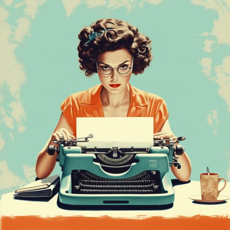 gollumrp_A_woman_writer_typing_in_a_typewriter_looking_puzzled__c894b5b2-a854-41b4-ac12-7df66b7a86c0
